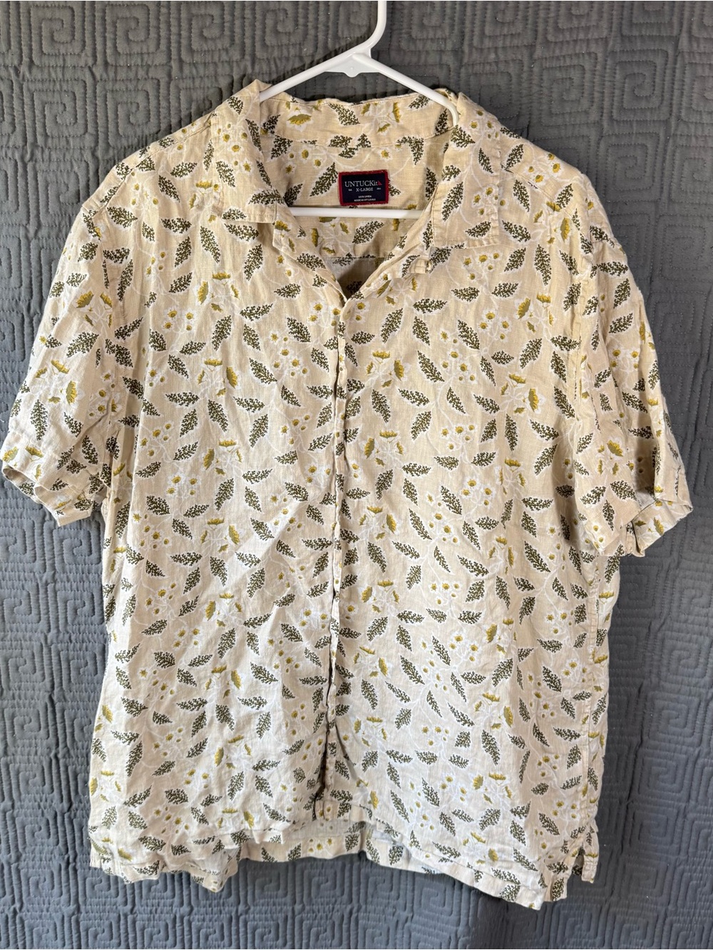 UNTUCKit Heaton Tan SS 100 Percent Linen Floral Button Up Shirt Mens XL 41512
